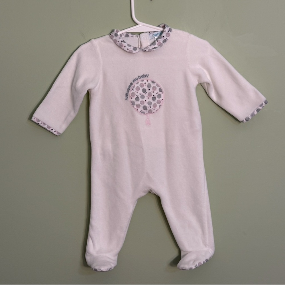 Obaibi White velour applique Welcome my Baby” 1 piece footie 6 mo unisex